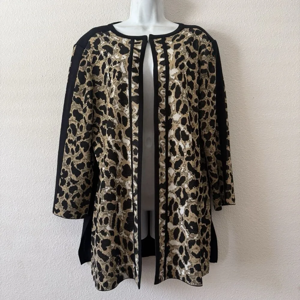 Misook Animal Print Long Knit Jacket Women's L Leopard Cheetah Open Front Luxe